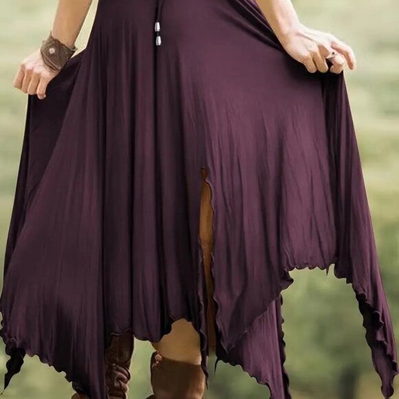 International Dresses & Skirts - Drawstring Waist Asymmetrical Hem Skirt (Color: Deep Purple)